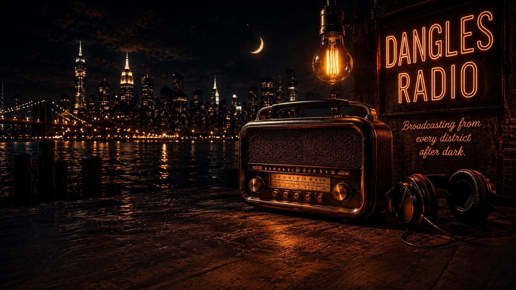 Dangles Radio broadcasting beside a vintage radio on an amber-lit waterfront at night